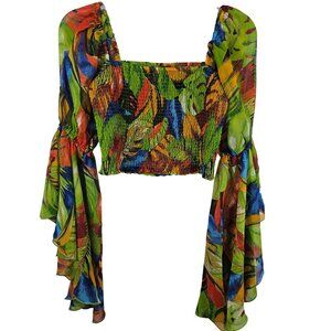 Tropical Boho Festival Flutter Bell Sleeve Resort Chiffon Smock Crop Top Women M